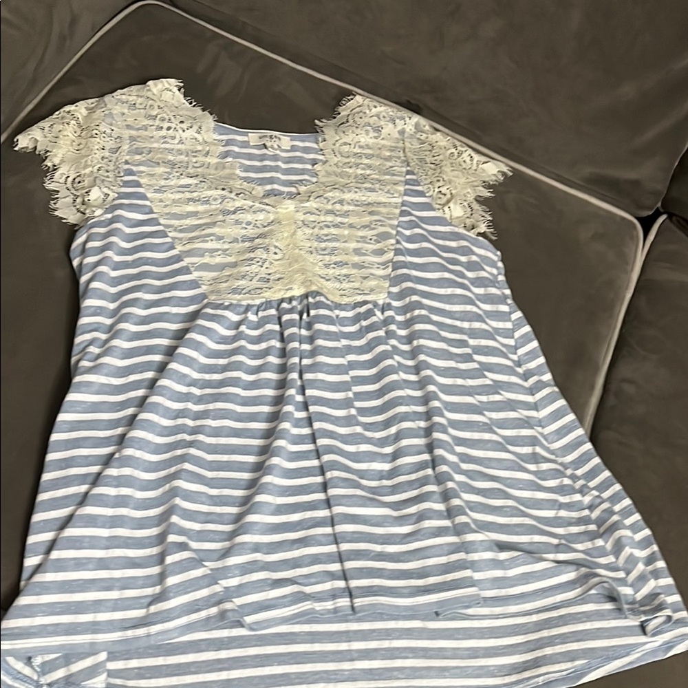 Blue and White Striped Top with Lace Detail Umgee